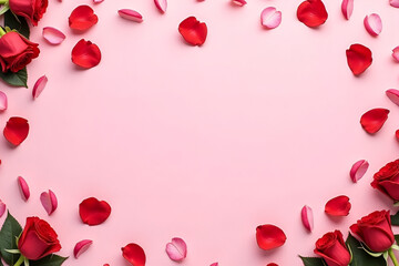 Banner with roses on pink background with copy space. Flat lay frame for Valentine's day, wedding, International Women's Day, Mother's Day, invitation. Greeting card template with rose petals
