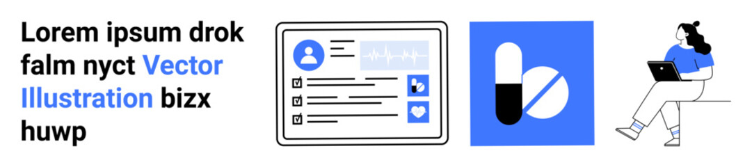 Tablet with profile screen, two pills icon, person with laptop. Ideal for telemedicine, digital health, online consultation, patient records, prescription management, e-health platforms. Landing page