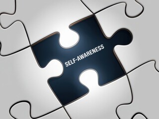 Fototapeta premium Puzzle piece labeled 'Self-Awareness' symbolizing personal growth and insight against a light background
