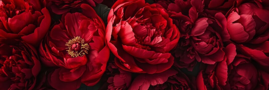 Vibrant red peonies in full bloom create a stunning floral display against a dark background