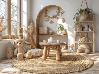 Scandinavian Children's Room with Wooden Toys and Tea Party Table – 3D Rendering

