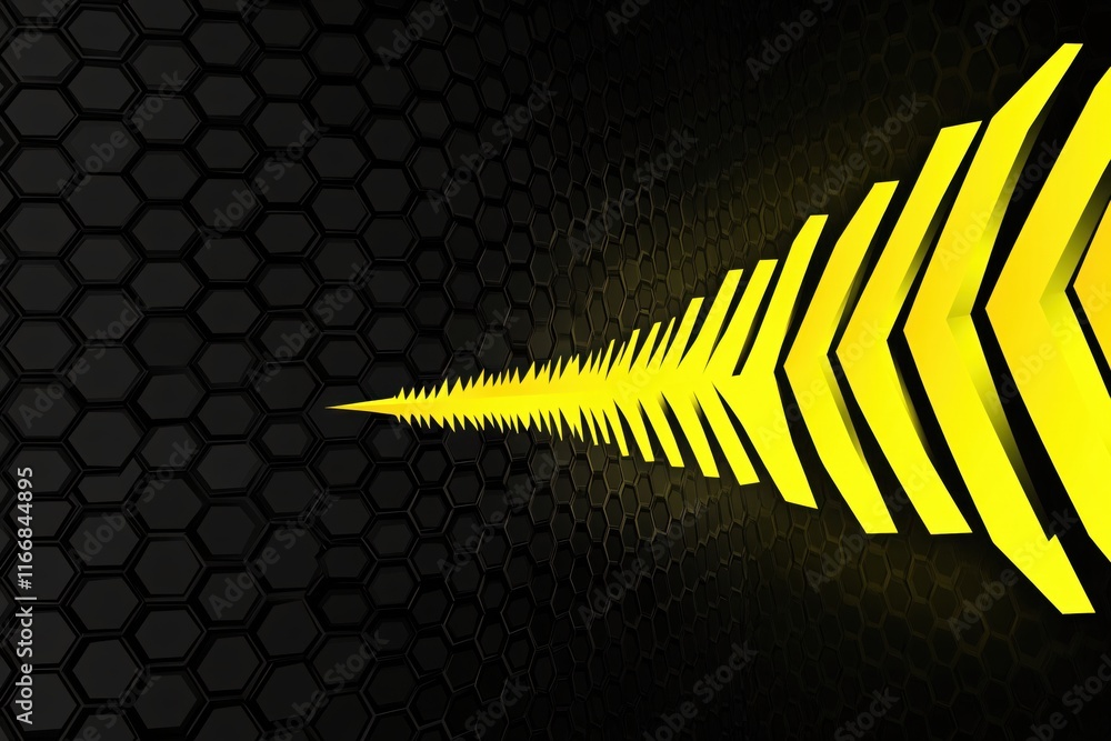 Poster dynamic yellow arrows in hexagonal pattern on dark background for creative design