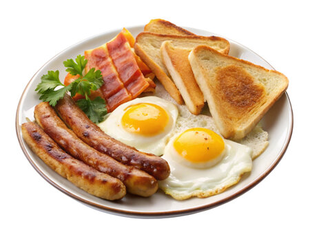 American breakfast set with eggs bacon toast and sausage on white background.