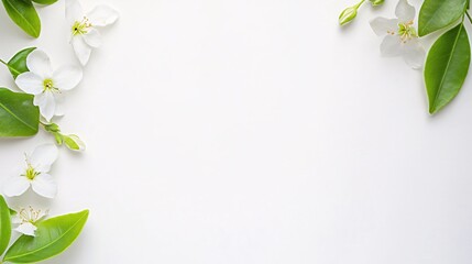 Fototapeta premium White Flowers and Green Leaves Frame on Minimalist Background for Nature Designs