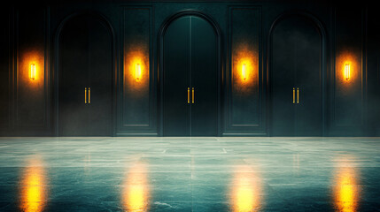 dark, elegant corridor featuring multiple doors with glowing lights, creating mysterious atmosphere. reflective floor enhances surreal ambiance of space