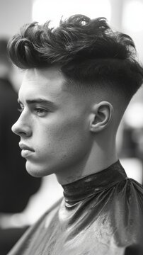 A sharp taper fade with a disconnected part, styled with a high volume quiff for a modern men look.