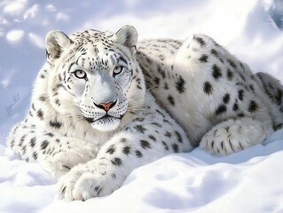 Obraz premium Snowy predator lounges gracefully in a winter wonderland adorned with sparkling snowflakes