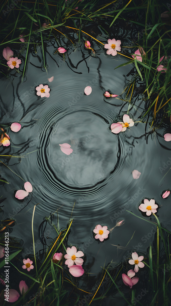 Poster abstract background featuring soft ripples in a dark pond surrounded by delicate pink flowers and gr