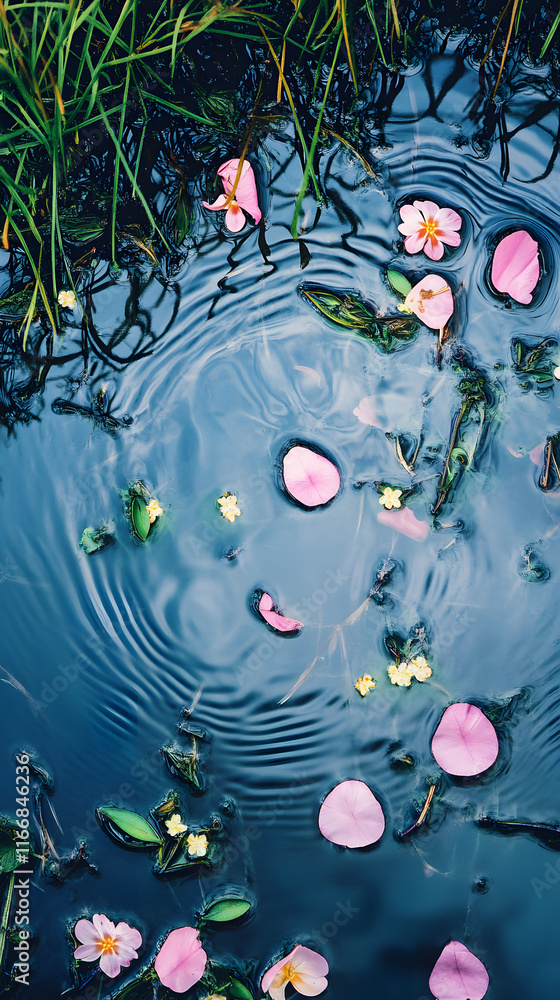 Poster abstract background featuring soft ripples in a pond with pink flower petals and green leaves creati