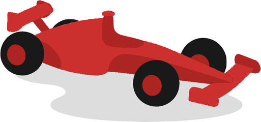 Front isometric view of a simple red formula 1 car vector icon isolated on a transparent background.