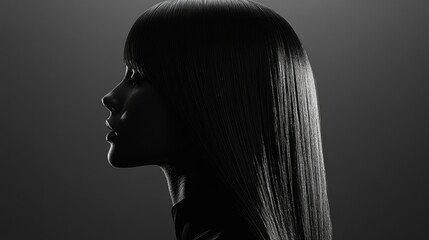 A sleek hairstyle poster featuring long, straight hair styled with a deep side part and a mirror-like shine.