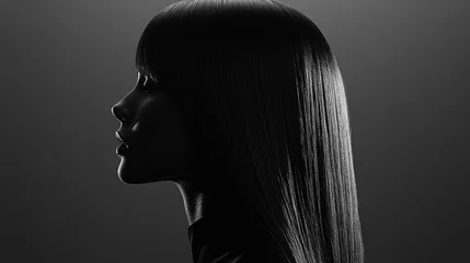 Fotobehang A sleek hairstyle poster featuring long, straight hair styled with a deep side part and a mirror-like shine. © pook