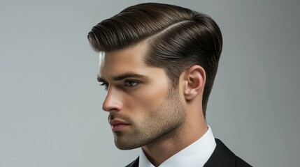 A sleek and stylish men side-part hairstyle with a sharp line detail and smooth, combed-back texture.