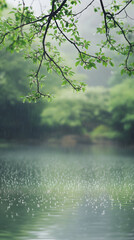 Fototapeta premium Misty spring rain creates a serene atmosphere over a tranquil lake surrounded by lush greenery and reflections in the water