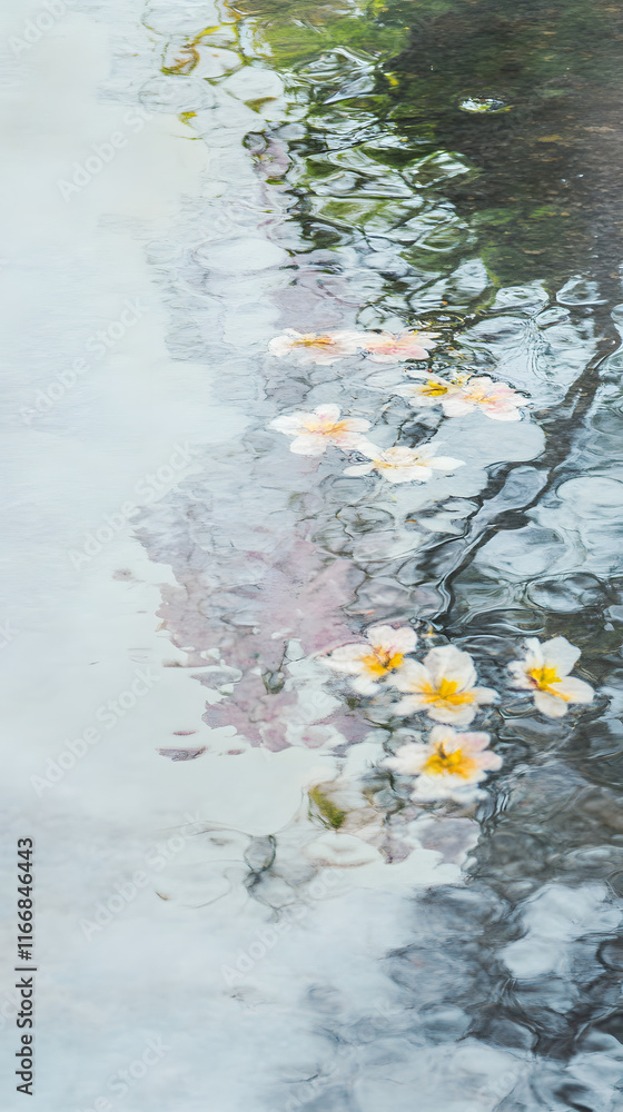 Aufkleber abstract background showcasing puddles with reflections of flowers and trees, creating a serene and 