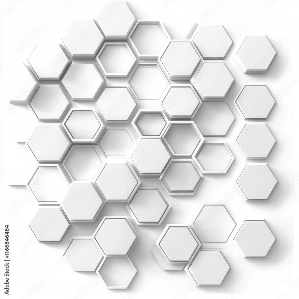 Poster abstract composition of white hexagonal shapes creating a modern, geometric pattern.