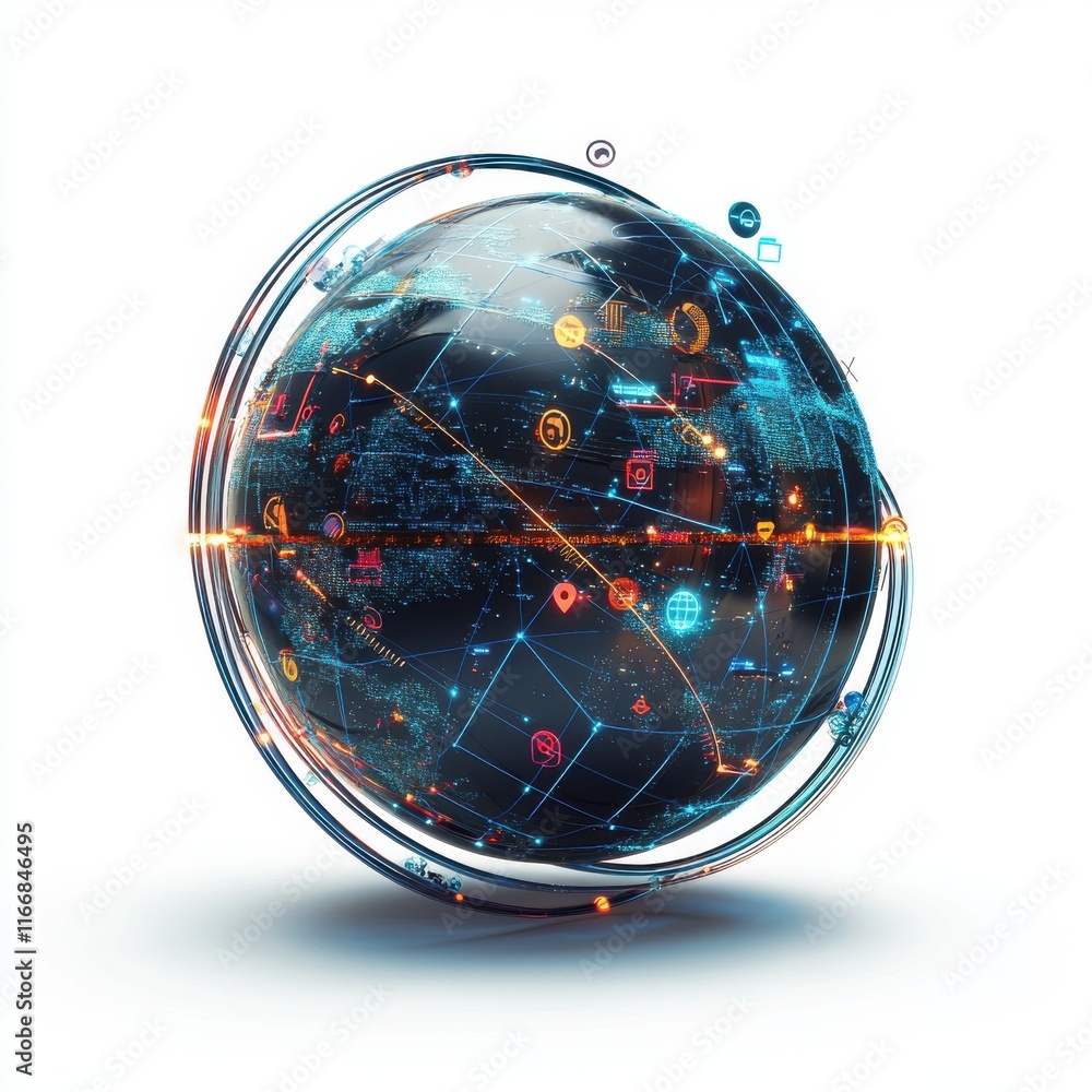 Poster a futuristic digital globe highlighting interconnected technology and data points in vibrant colors.