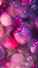 Obraz premium Colorful abstract background featuring rain-soaked tulips with drops glistening, creating a vibrant and dreamy floral composition