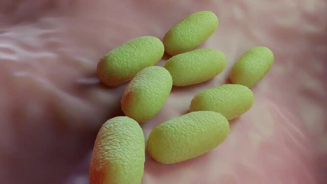 A magnified view of Salmonella typhimurium bacteria, appearing as rod-shaped structures