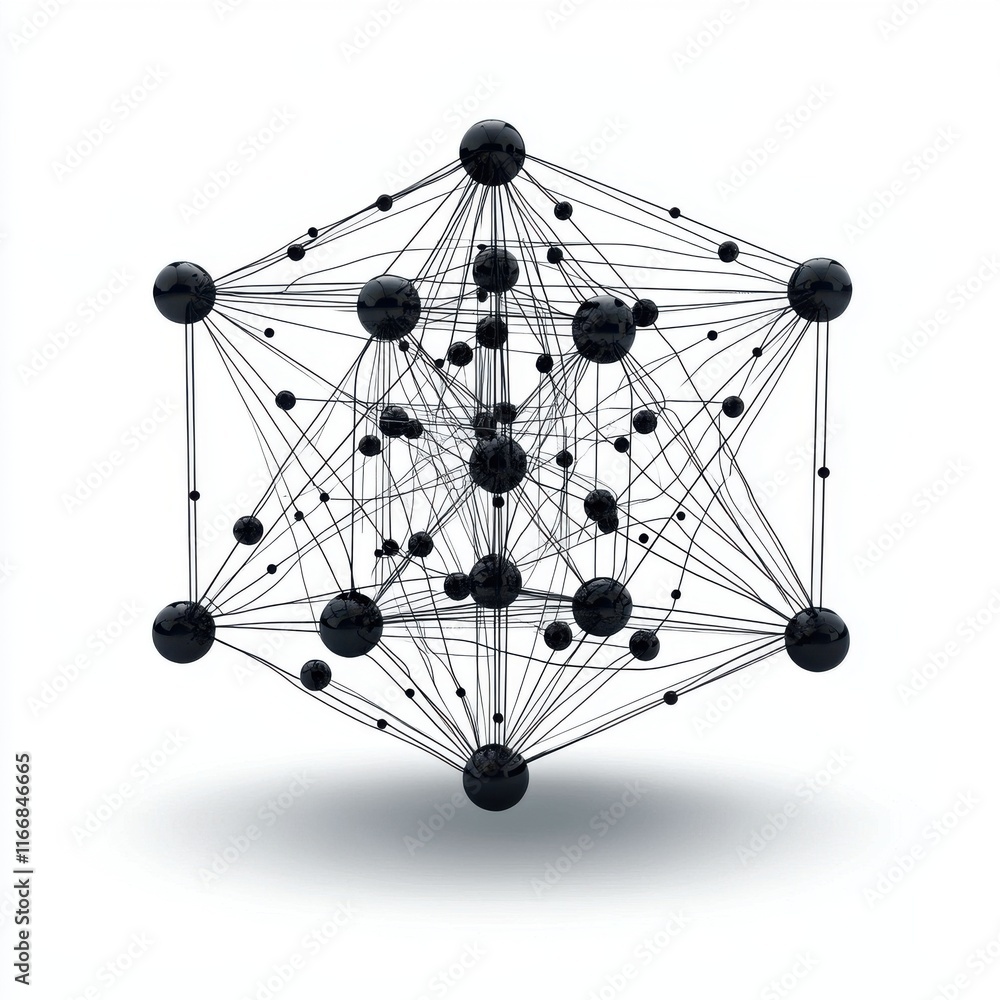 Poster abstract black network structure with interconnected spheres and lines, creating a modern 3d design.