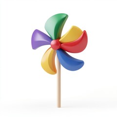 Colorful pinwheel toy with vibrant red, blue, green, and yellow blades against a white background.