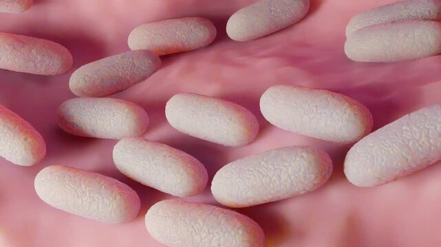 A magnified view of Salmonella typhimurium bacteria, appearing as rod-shaped structures