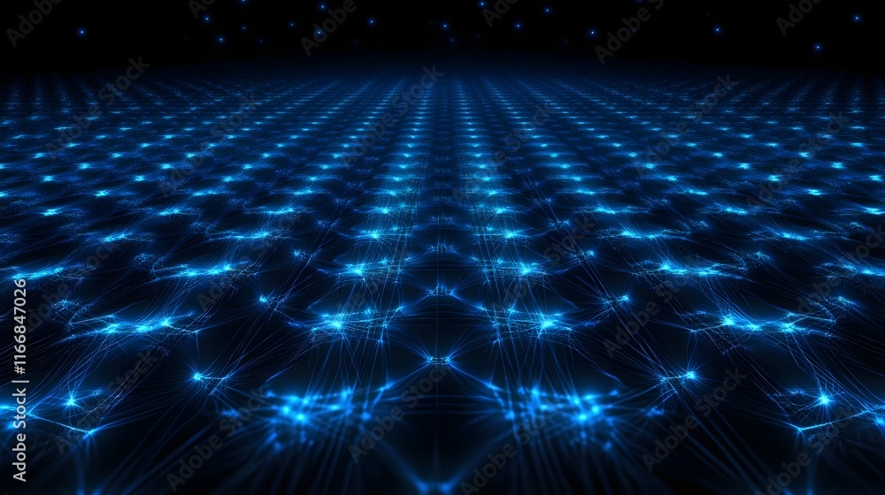 Poster glowing blue network of interconnected geometric shapes against dark modern gradient background futu