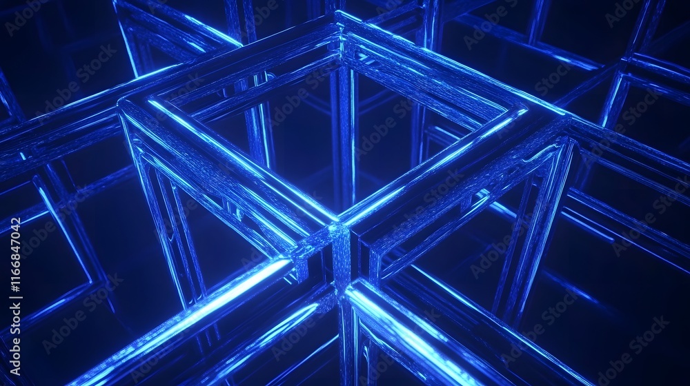 Poster glowing blue network of interconnected geometric shapes against a modern dark gradient background sh
