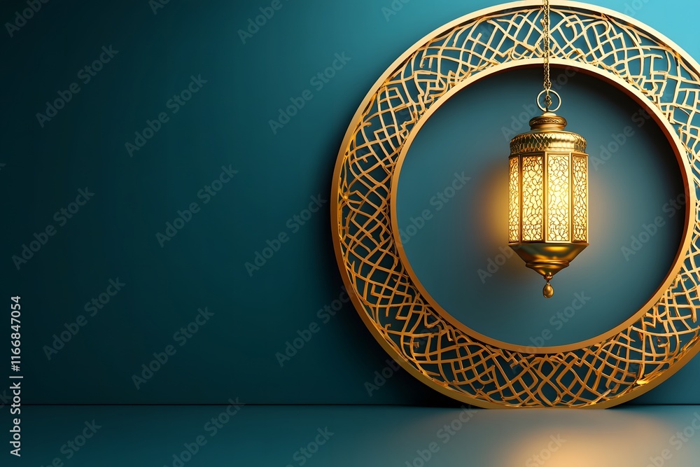 Poster elegant gold lantern with intricate design hanging inside a circular frame, creating a serene ambian