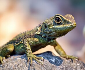 Fototapeta premium Lizard basking on a rock under soft sunlight showcasing vibrant green colors