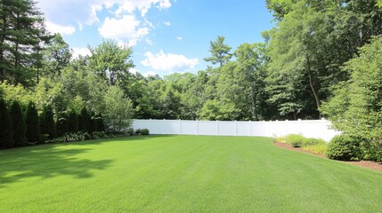 Obraz premium Lush Green Backyard with Smooth Lawn and White Fence Surrounded by Trees and Sky