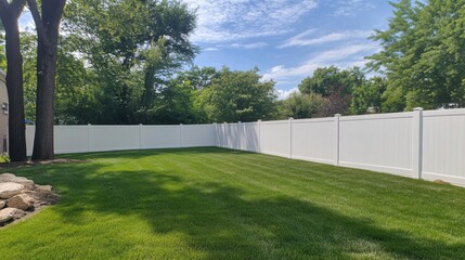 Lush Green Lawn Surrounded by White Fence Under Clear Blue Sky in Residential Area