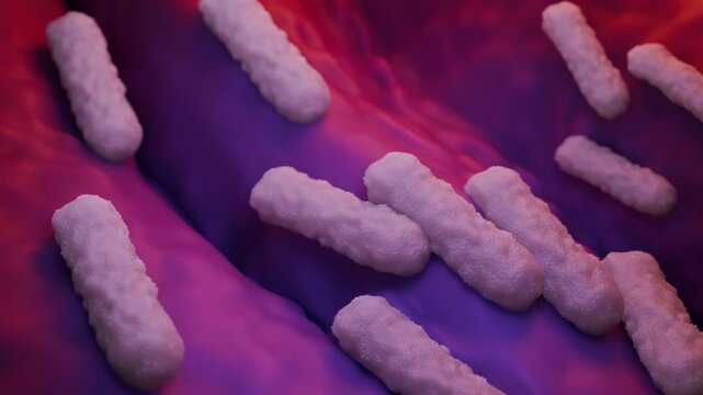 A magnified view of Salmonella typhimurium bacteria, appearing as rod-shaped structures