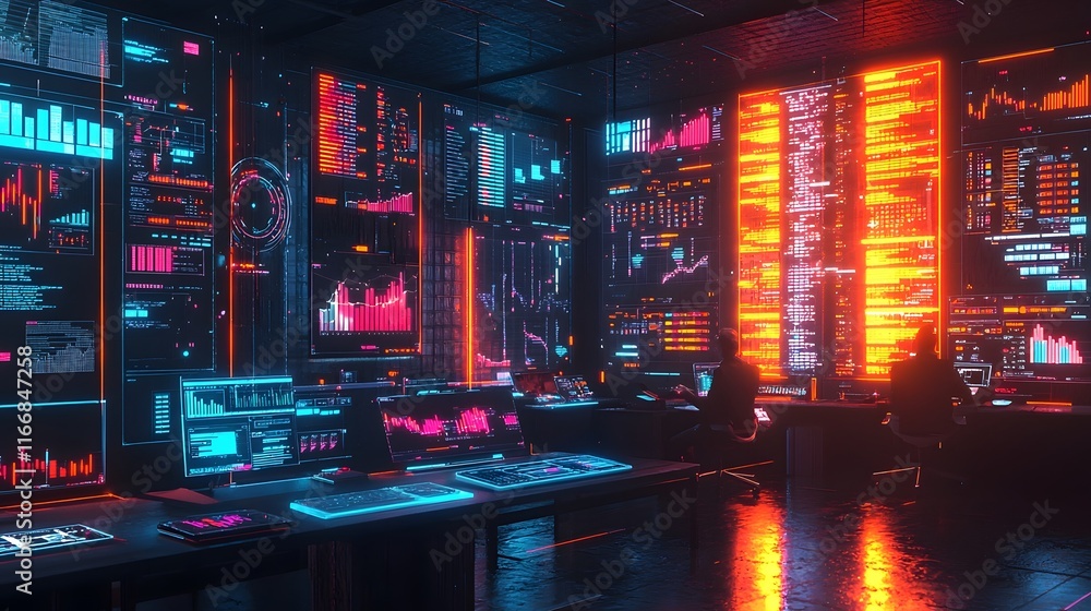 Poster glowing digital workspace with data charts and entrepreneurs collaborating on futuristic technology 