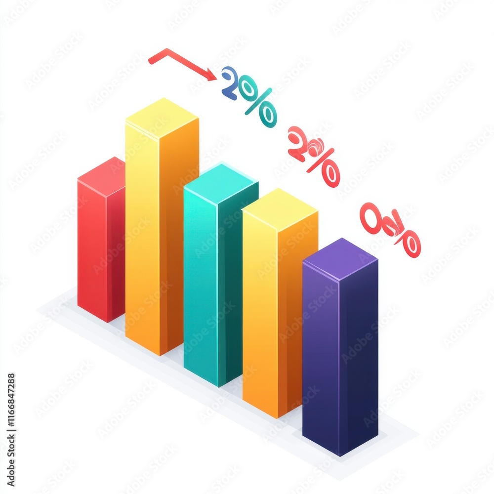 Poster dynamic 3d bar graph displaying fluctuating percentages in various colors, illustrating statistical 