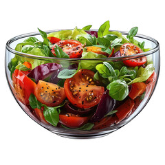 Fresh salad in a glass bowl with colorful vegetables and herbs.