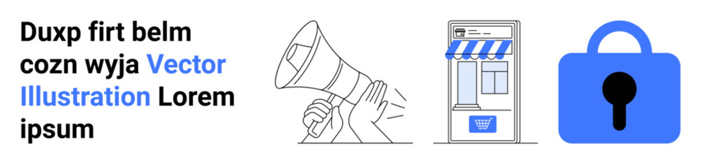 Loudspeaker with hand represent communication, storefront with striped awning suggests commerce, and padlock signifies security. Ideal for marketing, retail, safety, announcements, business services