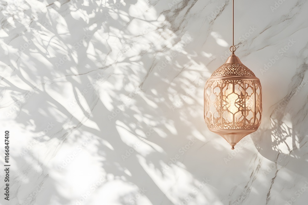 Poster elegant hanging lantern with intricate design casting beautiful shadows on light marble background i