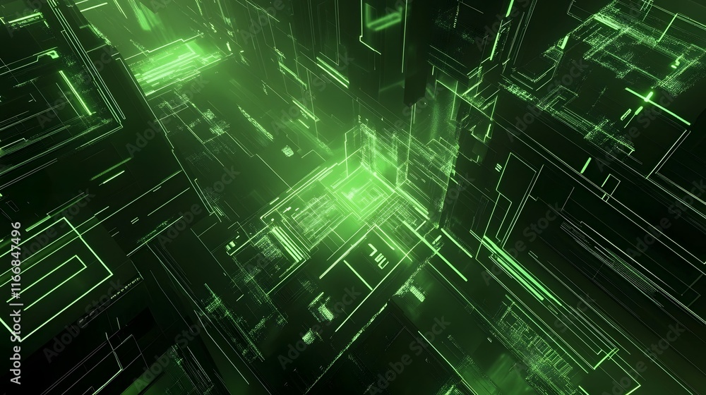 Aufkleber glowing interconnected digital geometric shapes creating a vibrant green high tech atmosphere with c