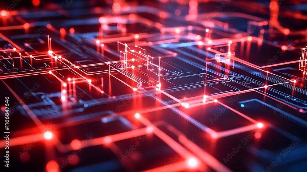 Aufkleber glowing red digital network of interconnected geometric shapes vibrant futuristic background with cl