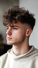 Obraz premium A textured quiff with messy layers and a high fade, creating a trendy and youthful men hairstyle.