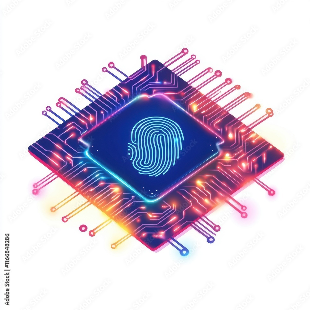 Poster futuristic microchip design featuring a fingerprint, symbolizing biometric security and technology.