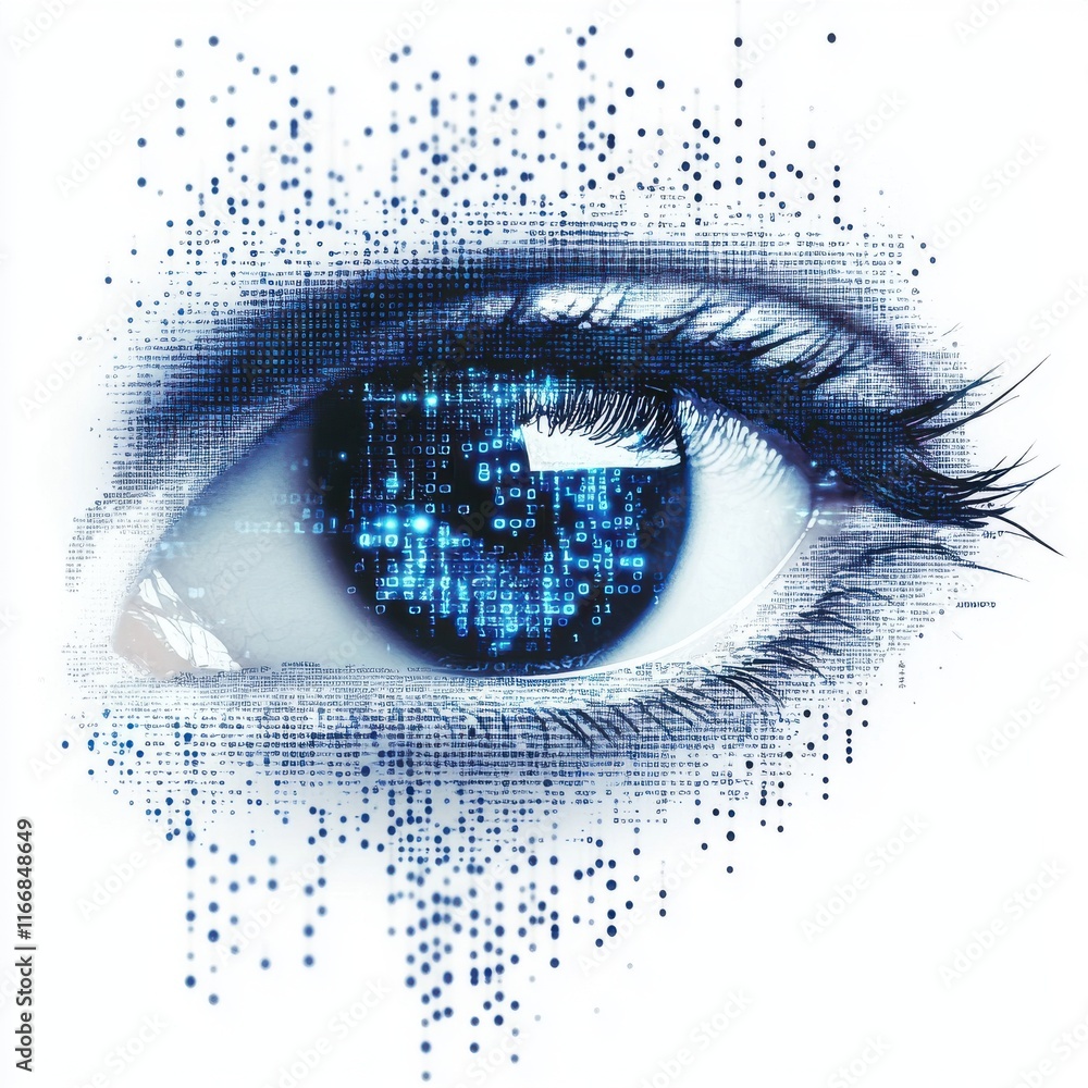 Poster futuristic blue digital eye design with binary codes, symbolizing technology and innovation.