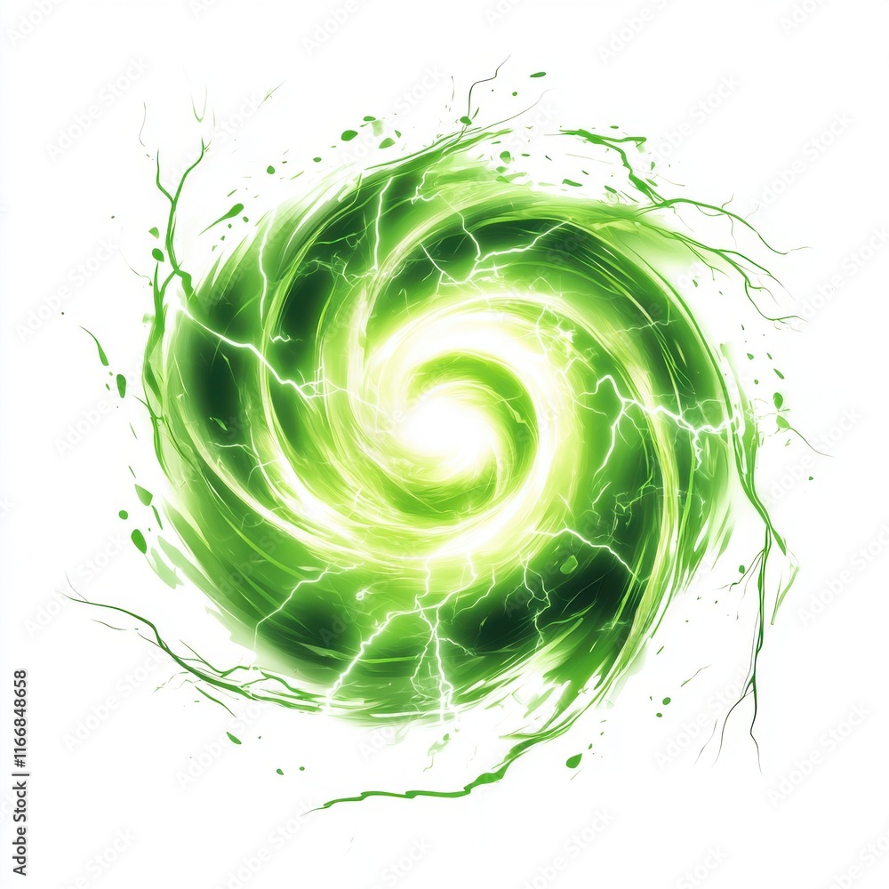 Poster a vibrant green vortex swirling with energy and lightning effects, creating a dynamic and captivatin