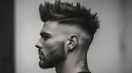 A trendy men hairstyle featuring a sharp mohawk fade with a textured top styled into subtle spikes.