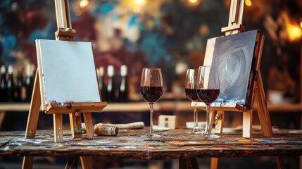 Paint and sip night with easels and wine glasses on a rustic table