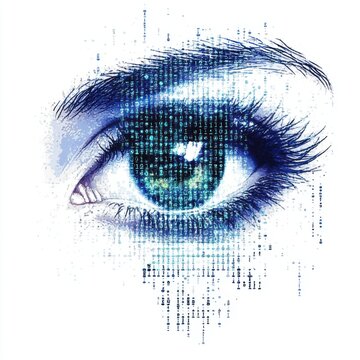 A striking digital illustration of a woman's eye with a binary code overlay, symbolizing technology and vision.