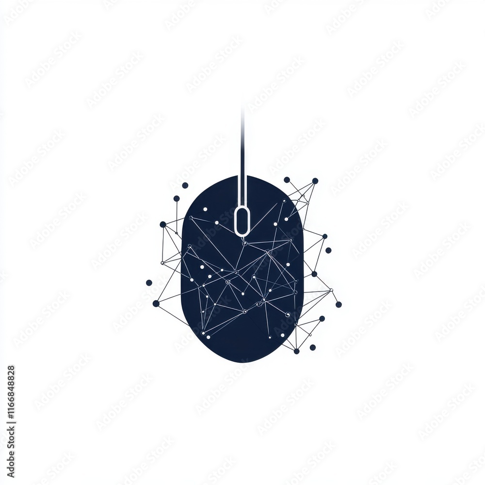 Poster abstract digital art featuring a dark computer mouse surrounded by a network of geometric lines.