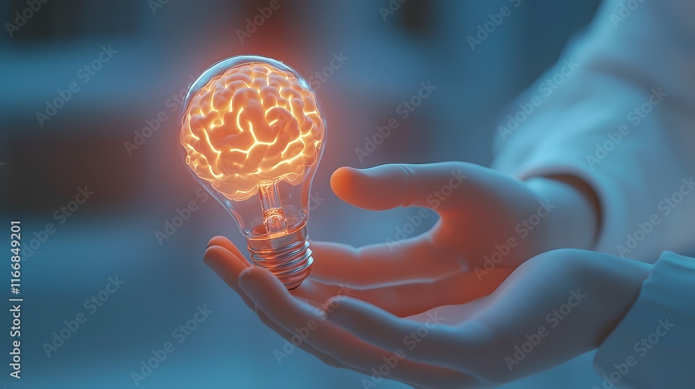 Poster innovative marketing concept with 3d hands holding a lightbulb with a brain inside symbolizing new i