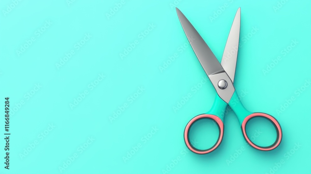 Poster a pair of scissors on a turquoise background for cutting tasks.
